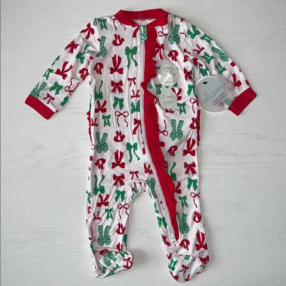 🎄Milkberry Ruffle Holiday Bows Footie 3-6 months